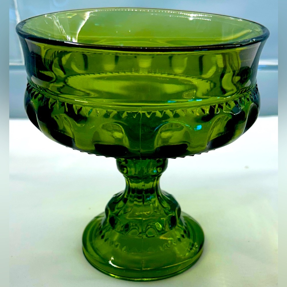 Vintage Indiana Thumbprint Glass Pedestal Candy Dish in "Kings Crown Green"